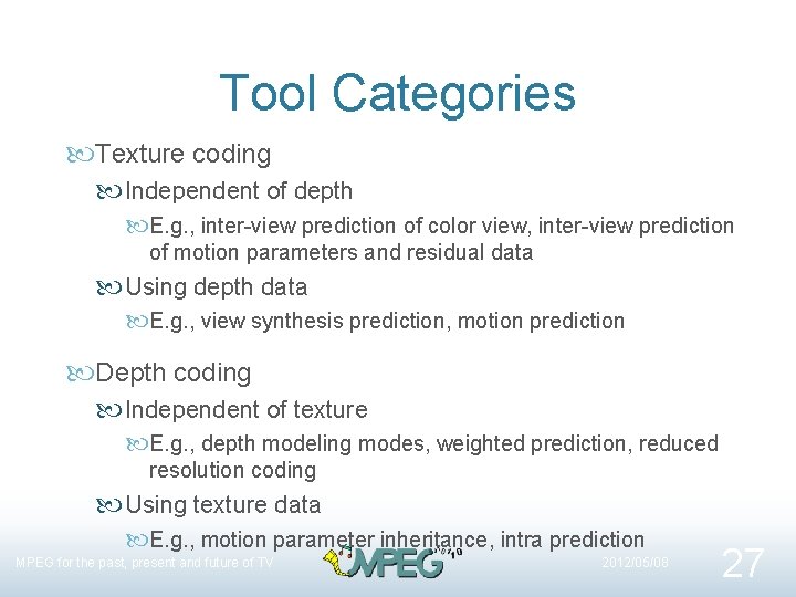 Tool Categories Texture coding Independent of depth E. g. , inter-view prediction of color