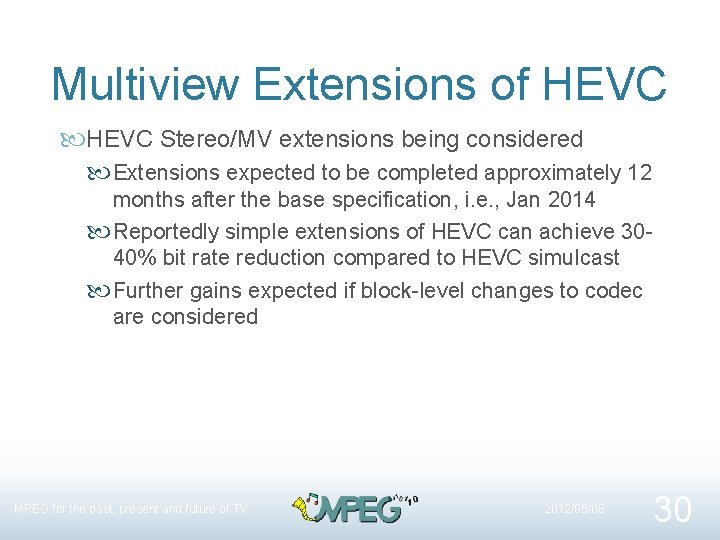 Multiview Extensions of HEVC Stereo/MV extensions being considered Extensions expected to be completed approximately