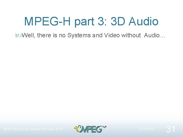 MPEG-H part 3: 3 D Audio Well, there is no Systems and Video without