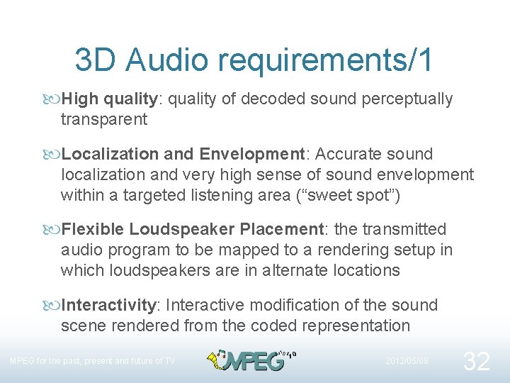 3 D Audio requirements/1 High quality: quality of decoded sound perceptually transparent Localization and