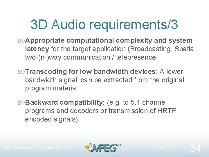 3 D Audio requirements/3 Appropriate computational complexity and system latency for the target application