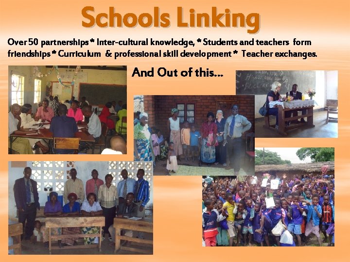 Schools Linking Over 50 partnerships * Inter-cultural knowledge, * Students and teachers form friendships