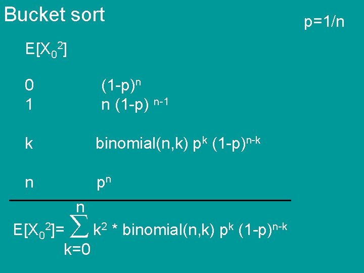 Bucket sort E[X 02] 0 1 (1 -p)n n (1 -p) n-1 k binomial(n,