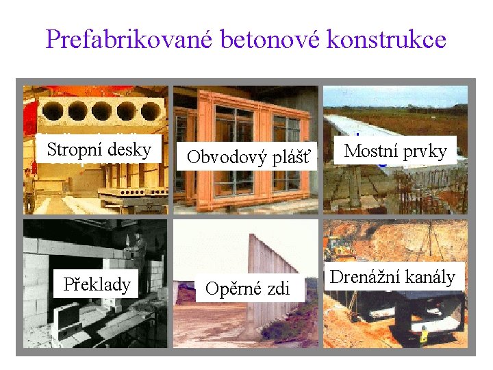 Prefabrikované betonové konstrukce Stropní desky Překlady Obvodový plášť Opěrné zdi Mostní prvky Drenážní kanály