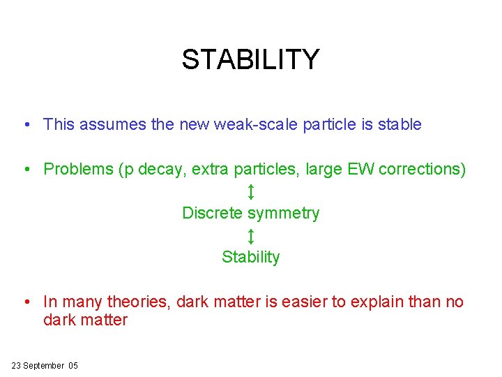 STABILITY • This assumes the new weak-scale particle is stable • Problems (p decay,