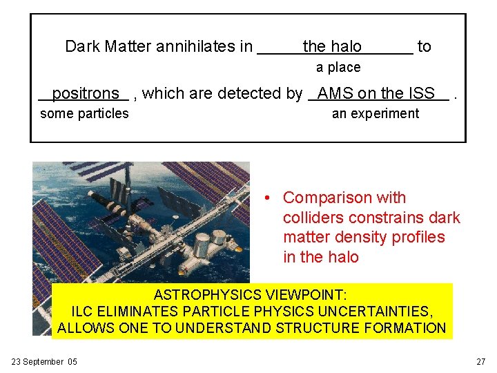 Dark Matter annihilates in the halo to a place positrons , which are detected