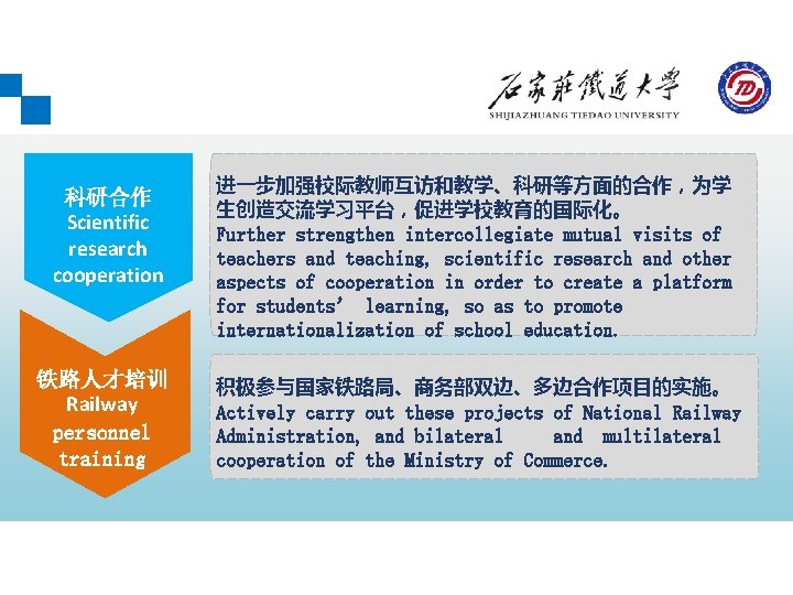 科研合作 Scientific research cooperation 铁路人才培训 Railway personnel training 进一步加强校际教师互访和教学、科研等方面的合作，为学 生创造交流学习平台，促进学校教育的国际化。 Further strengthen intercollegiate mutual