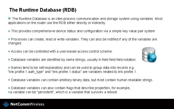 The Runtime Database (RDB) The Runtime Database is an inter-process communication and storage system