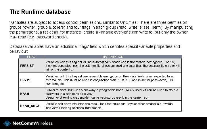 The Runtime database Variables are subject to access control permissions, similar to Unix files.