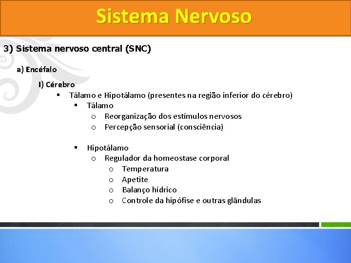 Sistema Nervoso 3) Sistema nervoso central (SNC) a) Encéfalo I) Cérebro § Tálamo e