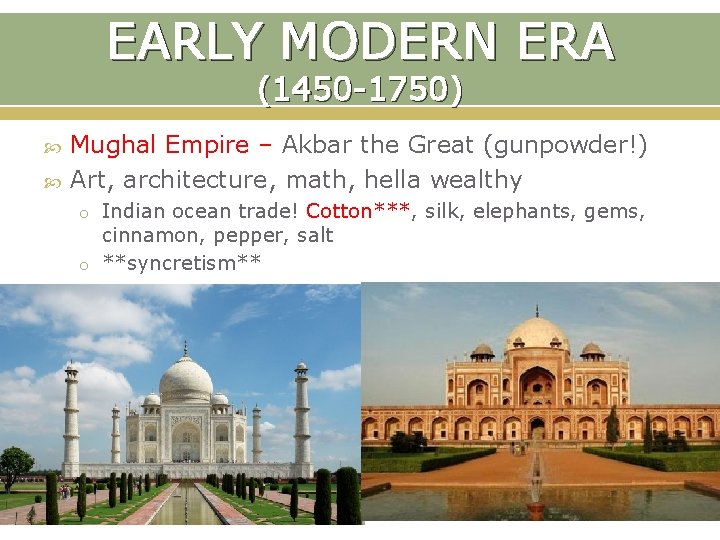 EARLY MODERN ERA (1450 -1750) Mughal Empire – Akbar the Great (gunpowder!) Art, architecture,