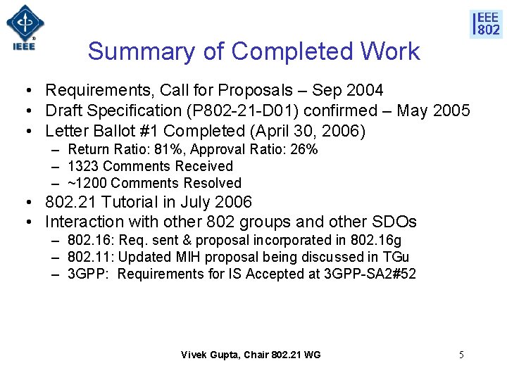 Summary of Completed Work • Requirements, Call for Proposals – Sep 2004 • Draft