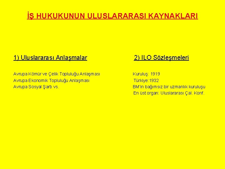 İŞ HUKUKUNUN ULUSLARARASI KAYNAKLARI 1) Uluslararası Anlaşmalar 2) ILO Sözleşmeleri Avrupa Kömür ve Çelik