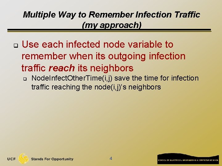 Multiple Way to Remember Infection Traffic (my approach) q Use each infected node variable