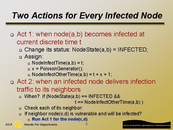 Two Actions for Every Infected Node q Act 1: when node(a, b) becomes infected