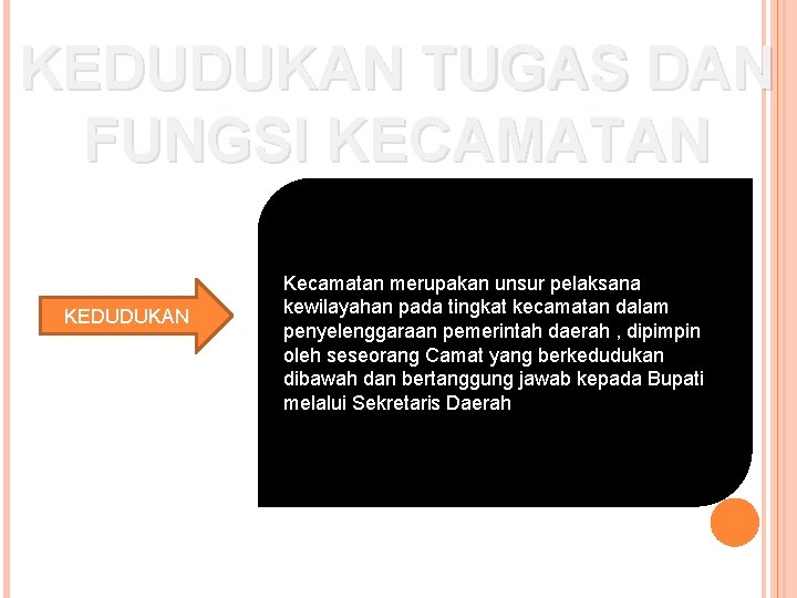 KEDUDUKAN TUGAS DAN FUNGSI KECAMATAN KEDUDUKAN Kecamatan merupakan unsur pelaksana kewilayahan pada tingkat kecamatan