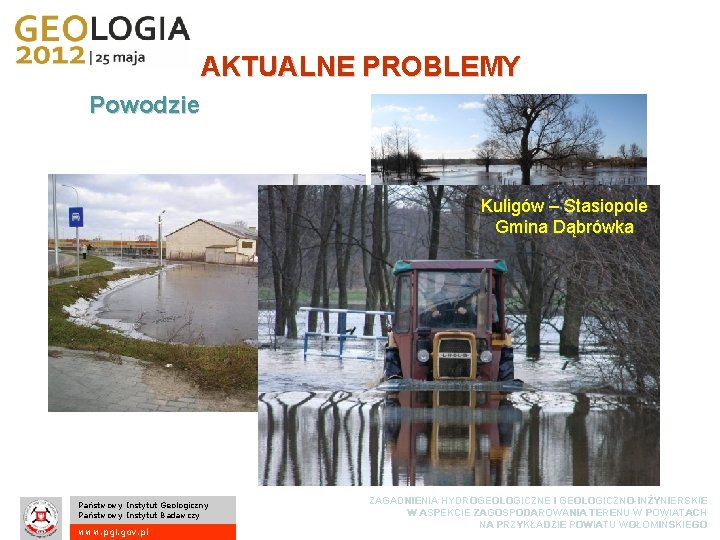 AKTUALNE PROBLEMY Powodzie Kuligów – Stasiopole Gmina Dąbrówka Państwowy Instytut Geologiczny Państwowy Instytut Badawczy
