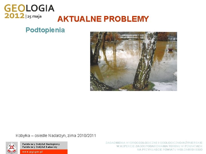 AKTUALNE PROBLEMY Podtopienia Kobyłka – osiedle Nadarzyn, zima 2010/2011 Państwowy Instytut Geologiczny Państwowy Instytut