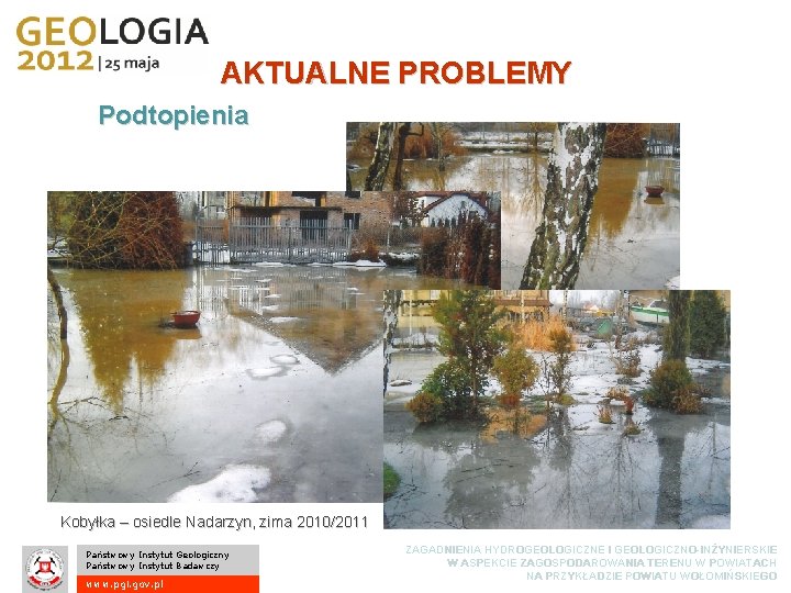 AKTUALNE PROBLEMY Podtopienia Kobyłka – osiedle Nadarzyn, zima 2010/2011 Państwowy Instytut Geologiczny Państwowy Instytut