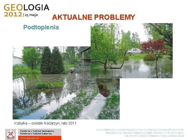 AKTUALNE PROBLEMY Podtopienia Kobyłka – osiedle Nadarzyn, lato 2011 Państwowy Instytut Geologiczny Państwowy Instytut