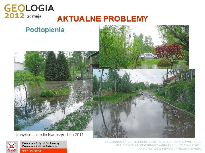 AKTUALNE PROBLEMY Podtopienia Kobyłka – osiedle Nadarzyn, lato 2011 Państwowy Instytut Geologiczny Państwowy Instytut