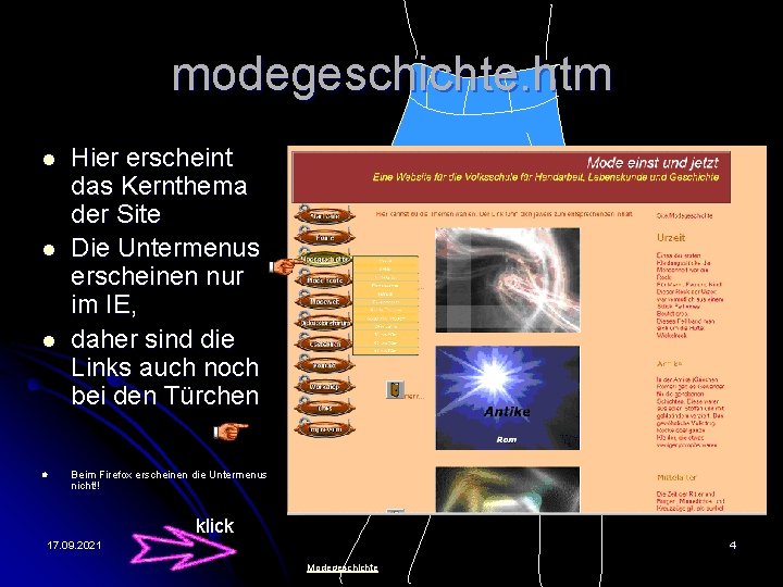 modegeschichte. htm l l Hier erscheint das Kernthema der Site Die Untermenus erscheinen nur