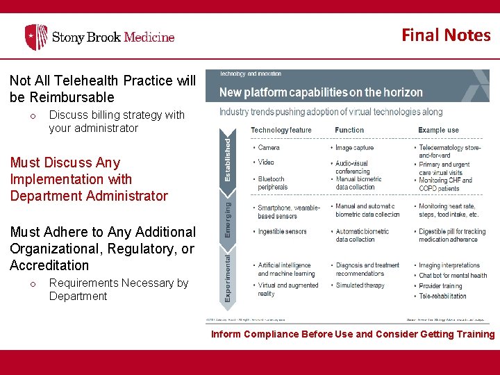 Final Notes Not All Telehealth Practice will be Reimbursable o Discuss billing strategy with