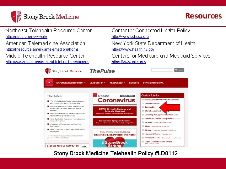 Resources Northeast Telehealth Resource Center for Connected Health Policy http: //netrc. org/new-york/ http: //www.