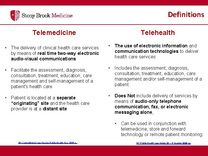 Definitions Telemedicine Telehealth • The delivery of clinical health care services by means of