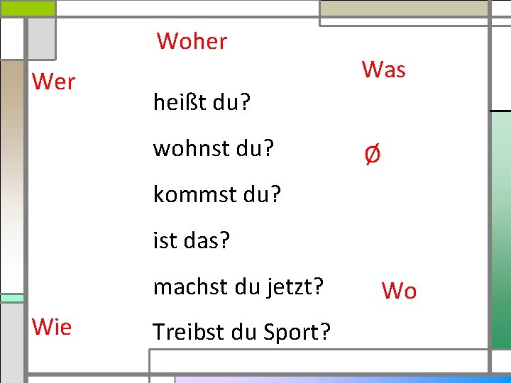 Woher Was heißt du? wohnst du? Ø kommst du? ist das? machst du jetzt?