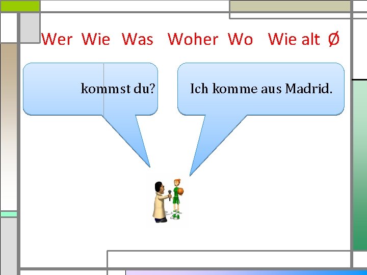 Wer Wie Was Woher Wo Wie alt Ø kommst du? Ich komme aus Madrid.