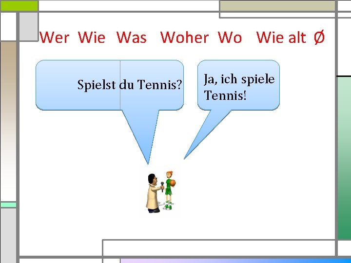 Wer Wie Was Woher Wo Wie alt Ø Spielst du Tennis? Ja, ich spiele