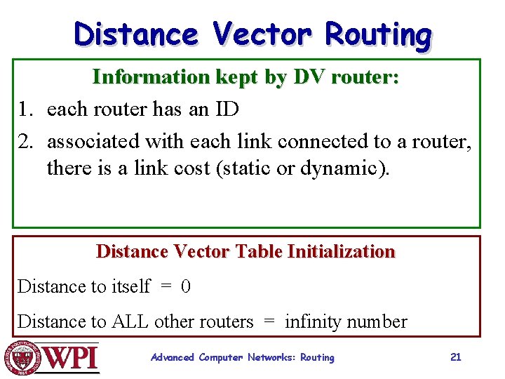 Distance Vector Routing Information kept by DV router: 1. each router has an ID