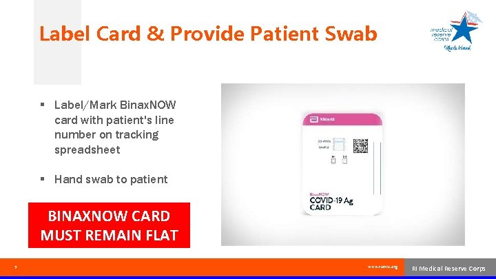 Label Card & Provide Patient Swab § Label/Mark Binax. NOW card with patient's line