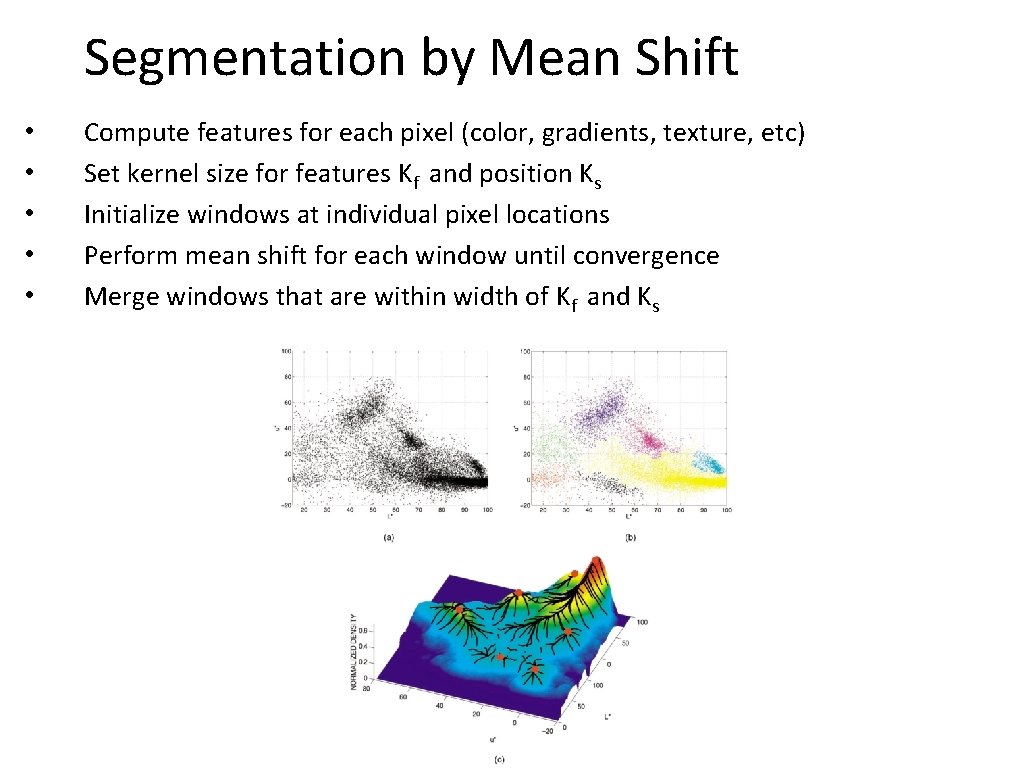 Segmentation by Mean Shift • • • Compute features for each pixel (color, gradients,