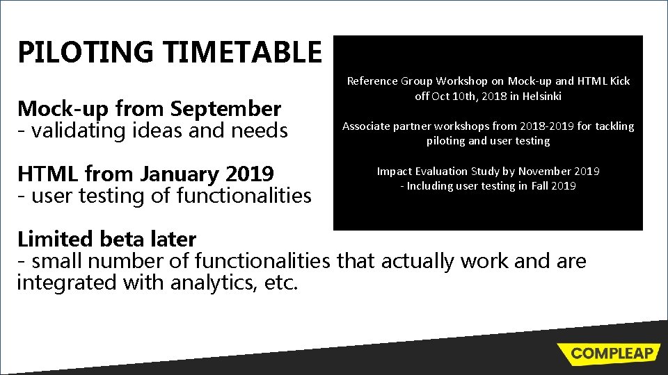 PILOTING TIMETABLE Mock-up from September - validating ideas and needs HTML from January 2019