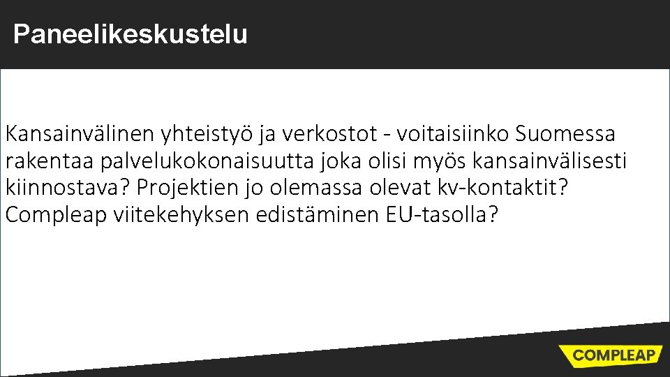 Paneelikeskustelu Kansainvälinen yhteistyö ja verkostot - voitaisiinko Suomessa rakentaa palvelukokonaisuutta joka olisi myös kansainvälisesti