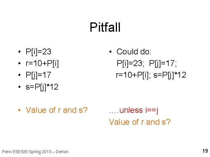 Pitfall • • P[i]=23 r=10+P[i] P[j]=17 s=P[j]*12 • Value of r and s? Penn