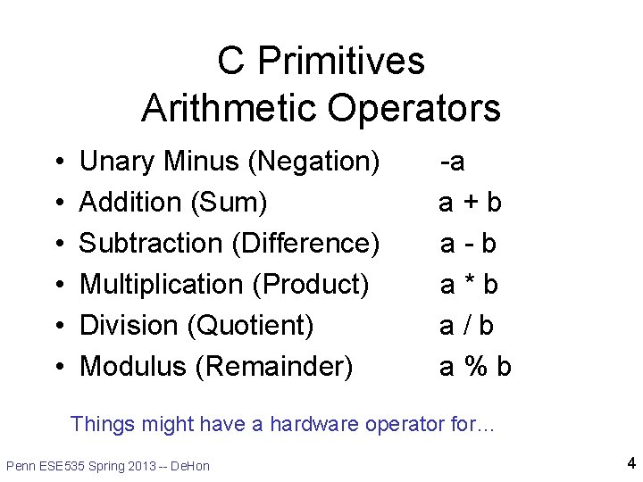 C Primitives Arithmetic Operators • • • Unary Minus (Negation) Addition (Sum) Subtraction (Difference)