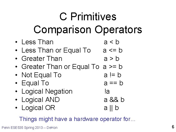 C Primitives Comparison Operators • • • Less Than or Equal To Greater Than