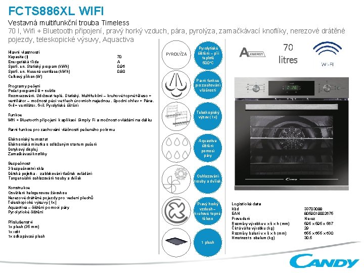 FCTS 886 XL WIFI Vestavná multifunkční trouba Timeless 70 l, Wifi + Bluetooth připojení,