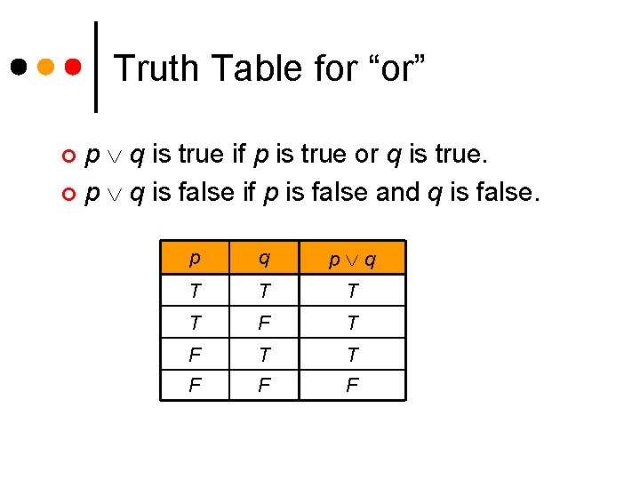 Truth Table for “or” p q is true if p is true or q