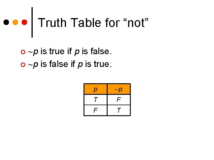 Truth Table for “not” p is true if p is false. ¢ p is
