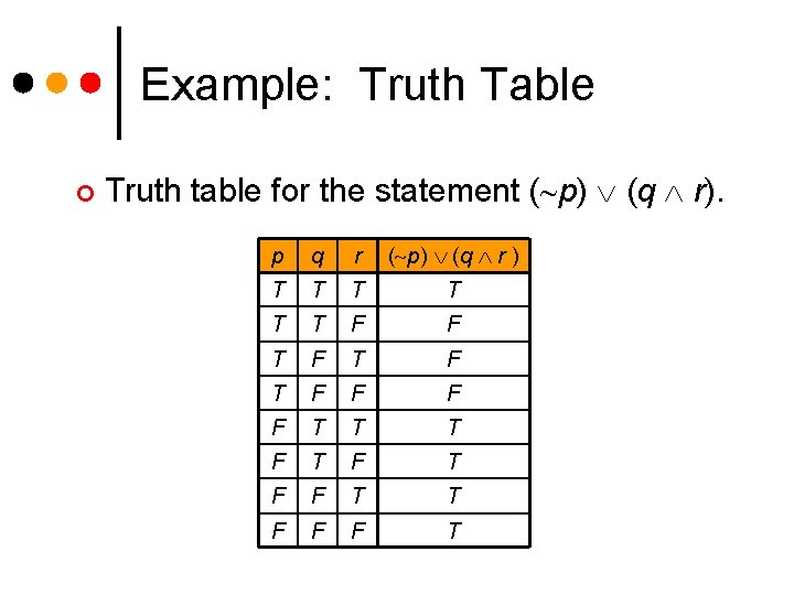 Example: Truth Table ¢ Truth table for the statement ( p) (q r). p