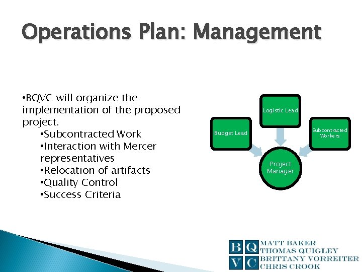 Operations Plan: Management • BQVC will organize the implementation of the proposed project. •