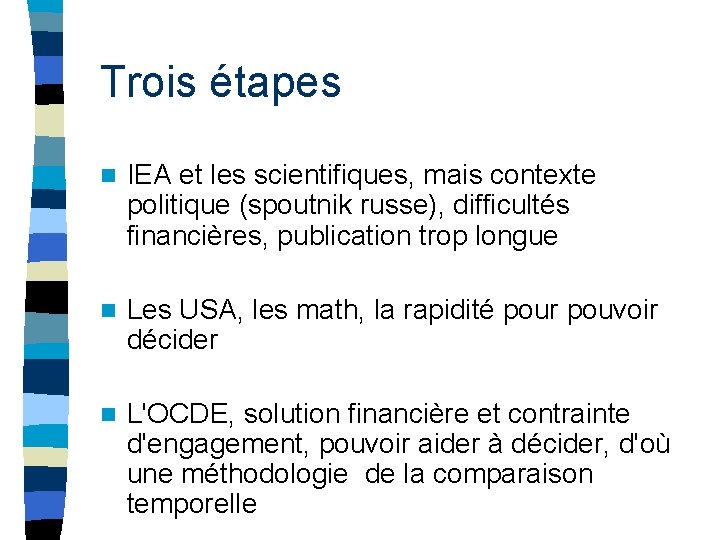 Trois étapes n IEA et les scientifiques, mais contexte politique (spoutnik russe), difficultés financières, Trois étapes n IEA et les scientifiques, mais contexte politique (spoutnik russe), difficultés financières,