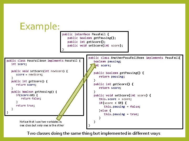 Example: public interface Pass. Fail { public boolean get. Passing(); public int get. Score();