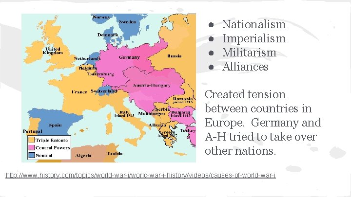 ● ● Nationalism Imperialism Militarism Alliances Created tension between countries in Europe. Germany and