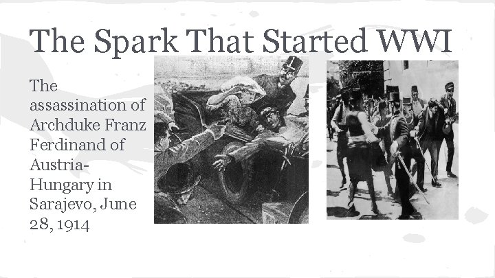 The Spark That Started WWI The assassination of Archduke Franz Ferdinand of Austria. Hungary