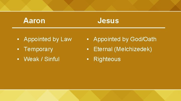Aaron Jesus • Appointed by Law • Appointed by God/Oath • Temporary • Eternal